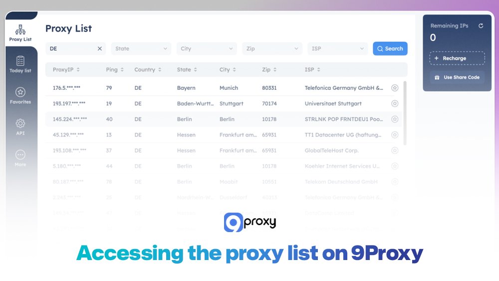 Accessing the proxy list on 9Proxy