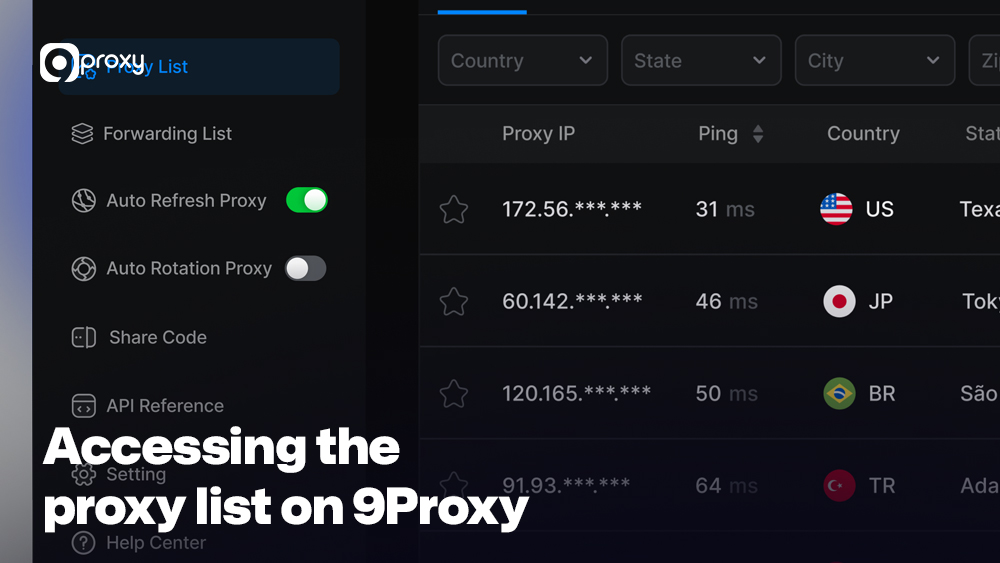 Accessing the proxy list on 9Proxy