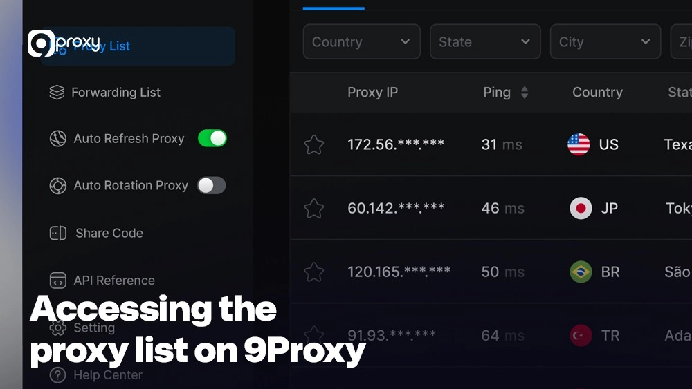 Accessing the proxy list on 9Proxy