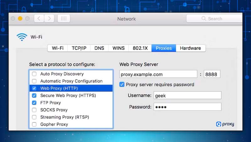 Input the proxy server address and port number